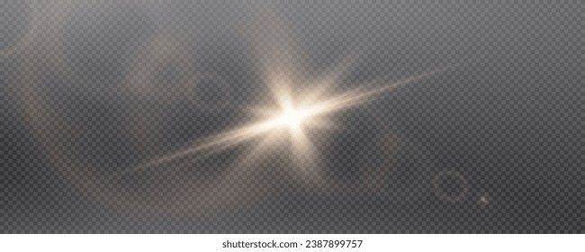 Set of realistic vector gold and white stars png. Set of vector suns png. Golden flares with highlights.
