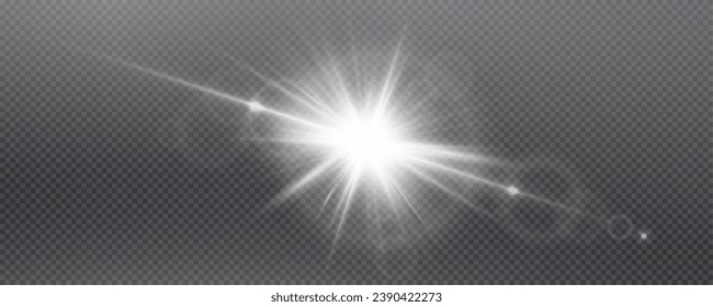 Set of realistic vector gold and white stars png. Set of vector suns png. Golden flares with highlights.