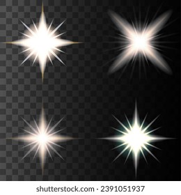 Set of realistic vector gold and white stars png. Set of vector suns png. Golden flares with highlights.