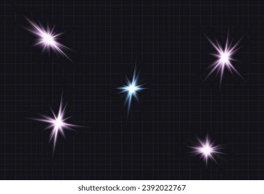 Set of realistic vector gold and white stars png. Set of vector suns png. Golden flares with highlights.