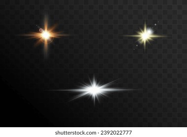 Set of realistic vector gold and white stars png. Set of vector suns png. Golden flares with highlights.