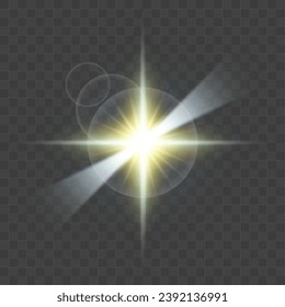 Set of realistic vector gold and white stars png. Set of vector suns png. Golden flares with highlights.