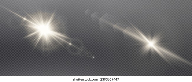 Set of realistic vector gold and white stars png. Set of vector suns png. Golden flares with highlights.