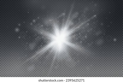 Set of realistic vector gold and white stars png. Set of vector suns png. Golden flares with highlights.