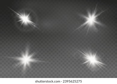 Set of realistic vector gold and white stars png. Set of vector suns png. Golden flares with highlights.