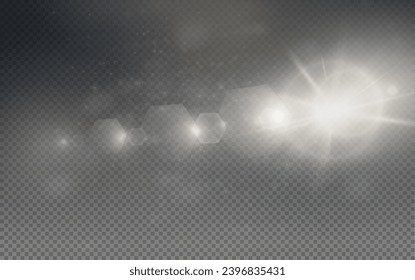 Set of realistic vector gold and white stars png. Set of vector suns png. Golden flares with highlights.