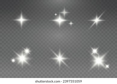 Set of realistic vector gold and white stars png. Set of vector suns png. Golden flares with highlights.