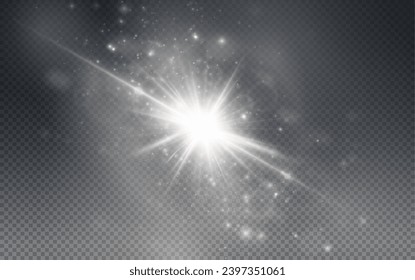 Set of realistic vector gold and white stars png. Set of vector suns png. Golden flares with highlights.