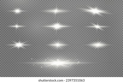 Set of realistic vector gold and white stars png. Set of vector suns png. Golden flares with highlights.