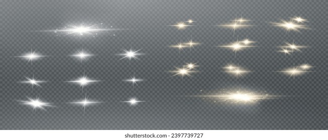 Set of realistic vector gold and white stars png. Set of vector suns png. Golden flares with highlights.