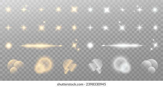 Set of realistic vector gold and white stars png. Set of vector suns png. Golden flares with highlights.