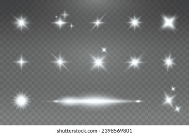Conjunto de oro vectorial realista y estrellas blancas png. Conjunto de parasoles vectoriales png. Llamas doradas con luces sobresalientes.