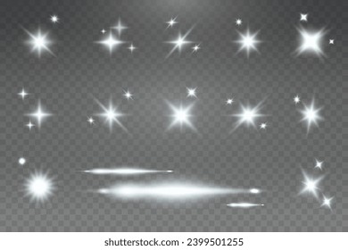 Set of realistic vector gold and white stars png. Set of vector suns png. Golden flares with highlights.
