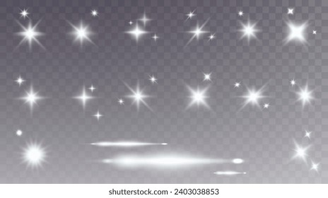 Set of realistic vector gold and white stars png. Set of vector suns png. Golden flares with highlights.