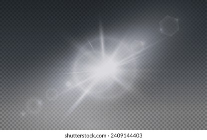 Set of realistic vector gold and white stars png. Set of vector suns png. Golden flares with highlights.