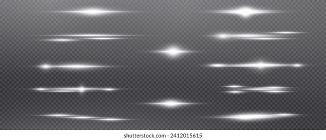 Set of realistic vector gold and white stars png. Set of vector suns png. Golden flares with highlights.Horizontal light lines, laser, flash.