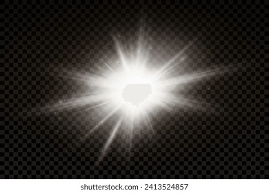 Set of realistic vector gold and white stars png. Set of vector suns png. Golden flares with highlights.