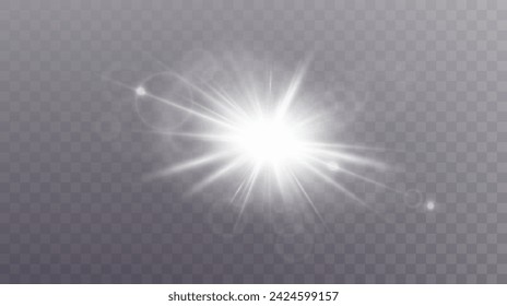 Conjunto de estrellas de oro y blanco de vector realista png. Conjunto de soles vectoriales png. Llamaradas doradas con resaltados.