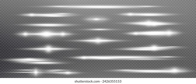 Set of realistic vector gold and white stars png. Set of vector suns png. Golden flares with highlights.Horizontal light lines, laser, flash.