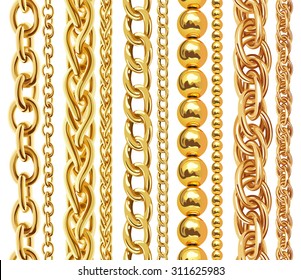 Set of realistic vector golden chains. Vector illustration of gold links isolated on white background