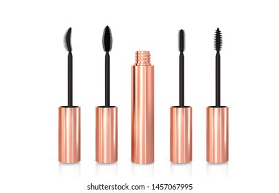 Set of realistic vector golden Mascara Bottles. Brush and mascara tube. Black wand and golden tube isolated on white background. Fashionable cosmetics Makeup for Eyes.