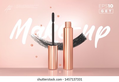 Set of realistic vector golden Mascara Bottles. Brush and mascara tube. Black wand and golden tube on rose-gold background. Fashionable cosmetics Makeup for Eyes.