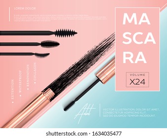 Set of realistic vector golden Mascara Bottles. Brush and mascara tube. Black wand and golden tube on rose-gold and light blue background. Fashionable cosmetics Make up design for Eyes.