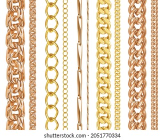 Set of realistic vector golden shiny chains. Vector illustration of gold metal necklace isolated on white background
