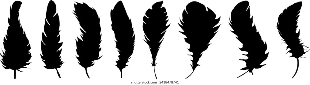 Set von realistischen Vektordosen- oder Schwanenfedern verschiedener Formen. Ökologischer Federfüller für Kissen, Decken oder Jacken.Vectorkonzept-Design, Line Art.