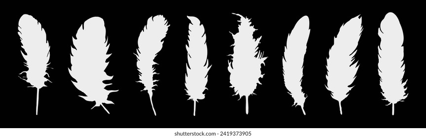 Set of realistic vector goose or swan feathers of various shapes. Ecological feather filler for pillows, blankets or jackets.Vector concept design,line art.