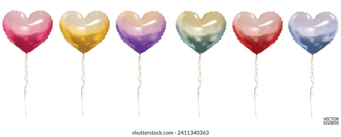 Set of realistic vector gradient colorful heart balloons isolated on white background. Helium heart balloons clipart for anniversary, birthday, wedding, party. 3D vector illustration.