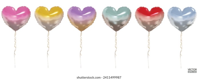 Set of realistic vector gradient colorful heart balloons isolated on white background. Helium heart balloons clipart for anniversary, birthday, wedding, party. 3D vector illustration.