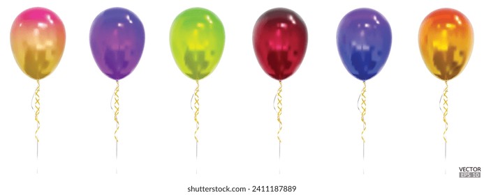 Set of realistic vector gradrient colorful balloons isolated on white background. Helium balloons clipart for anniversary, birthday, wedding, party. 3D vector illustration.