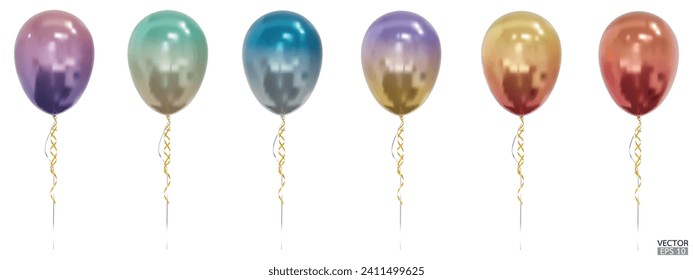 Set of realistic vector gradrient colorful balloons isolated on white background. Helium balloons clipart for anniversary, birthday, wedding, party. 3D vector illustration.