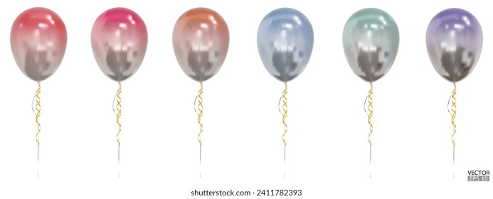 Set of realistic vector gradrient colorful balloons isolated on white background. Helium balloons clipart for anniversary, birthday, wedding, party. 3D vector illustration.