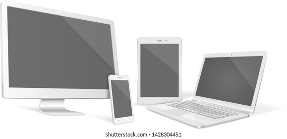 Set of realistic vector graphic computer monitor, laptop, tablet and phone on a white background.