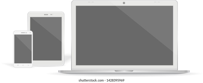 Set of realistic vector graphic laptop, tablet and phone on a white background.