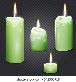 Set of realistic vector green candle with fire on transparent background.