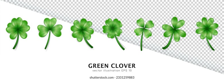 Set of realistic vector green clovers various shape isolated on transparent background. Different cartoon trefoil as an Irish symbol, sign of luck. Plant with leaves, shamrock for Saint Patrick Day