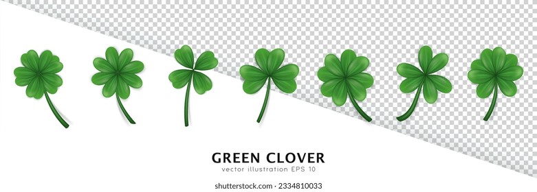 Set of realistic vector green clovers various shape isolated on transparent background. Different cartoon trefoil as an Irish symbol, sign of luck. Plant with leaves, shamrock for Saint Patrick Day