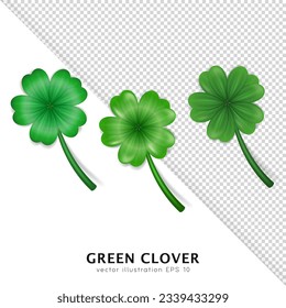 Set of realistic vector green clovers various style isolated on transparent background. Cartoon trefoil as an Irish symbol, sign of luck. Decorative plant with leaves, shamrock for Saint Patrick Day