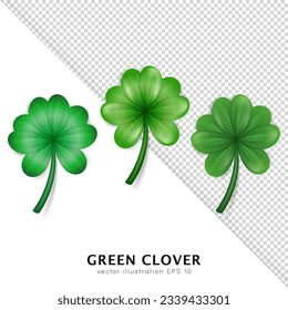 Set of realistic vector green clovers various style isolated on transparent background. Cartoon trefoil as an Irish symbol, sign of luck. Decorative plant with leaves, shamrock for Saint Patrick Day