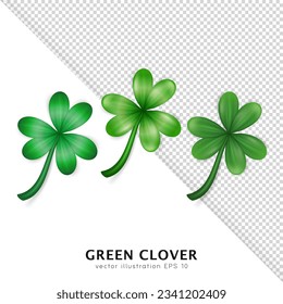 Set of realistic vector green clovers various style isolated on transparent background. Cartoon trefoil as an Irish symbol, sign of luck. Decorative plant with leaves, shamrock for Saint Patrick Day