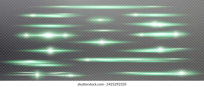 Set of realistic vector green stars png. Set of vector suns png. Green flares with highlights.
Horizontal light lines, laser, flash.
