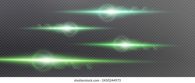Set of realistic vector green stars png. Set of vector suns png. Green flares with highlights.
Horizontal light lines, laser, flash.
