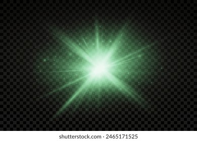 Set of realistic vector green stars png. Set of vector suns png. Green flares with highlights.