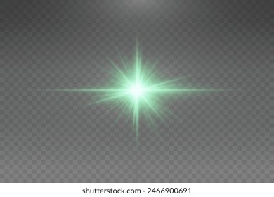 Set of realistic vector green stars png. Set of vector suns png. Green flares with highlights.