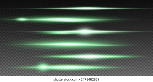 Set of realistic vector green stars png. Set of vector suns png. Green flares with highlights.