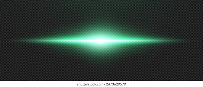 Set of realistic vector  green stars png. Set of vector suns png. Green flares with highlights. Horizontal light lines, laser, flash. Green special effect, magic of moving fast motion laser beams.