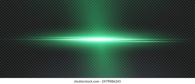 Set of realistic vector green stars png. Set of vector suns png. Green flares with highlights. Horizontal light lines, laser, flash. Green special effect, magic of moving fast motion laser beams.